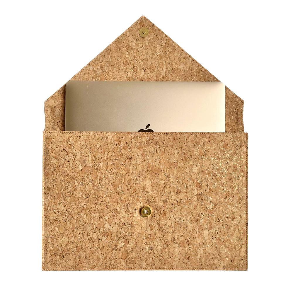13" laptop inside By The Sea Collection, Alice, gold vegan cork leather laptop document case