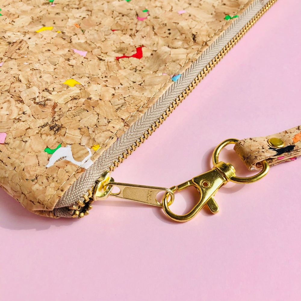 YKK metal zipper detail of By The Sea Collection, Annie, colourful vegan cork leather pouch