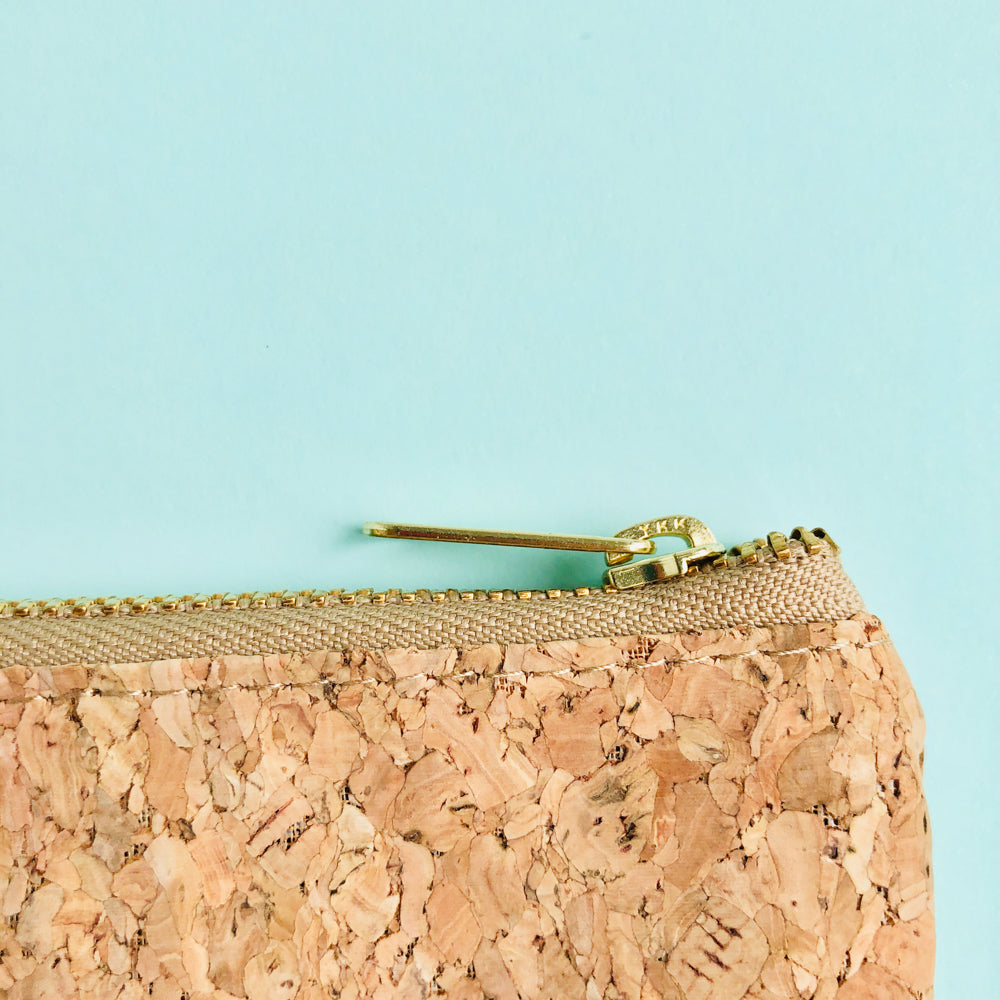YKK metal zipper detail of By The Sea Collection, Annie, vegan cork leather pouch