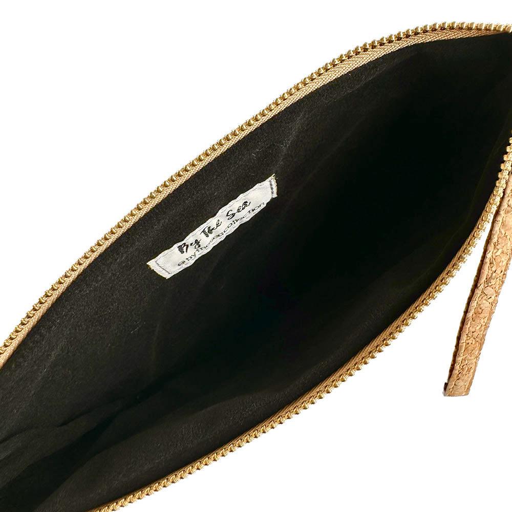 Interior lining of By The Sea Collection, Annie, black canvas vegan cork leather pouch
