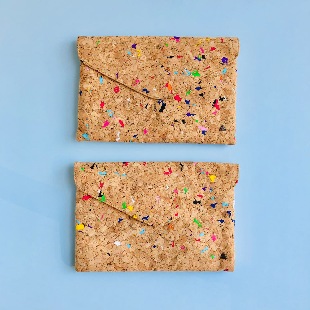 By The Sea Collection, two Aurora in comparison, colourful vegan cork leather shoulder bag, clutch bag