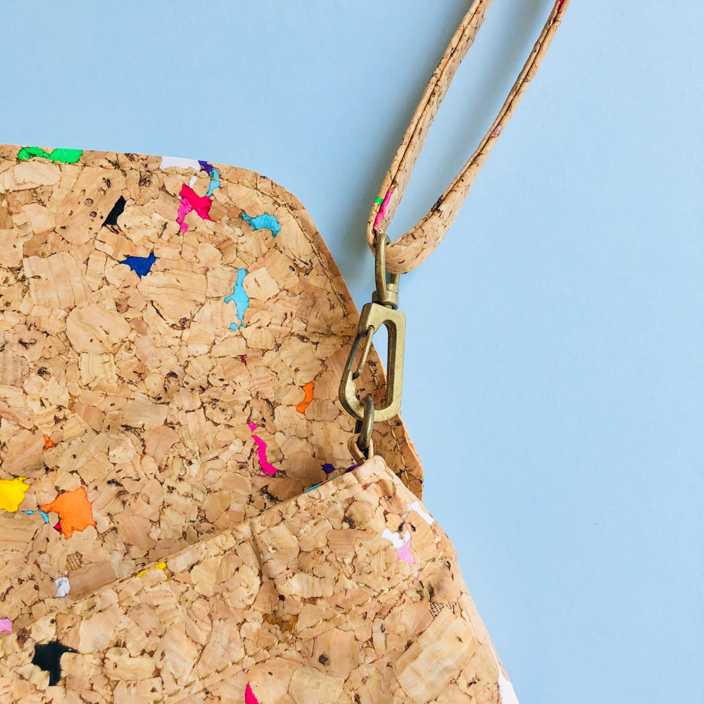 By The Sea Collection, hand strap detail hook of Aurora, colourful vegan cork leather shoulder bag, clutch bag