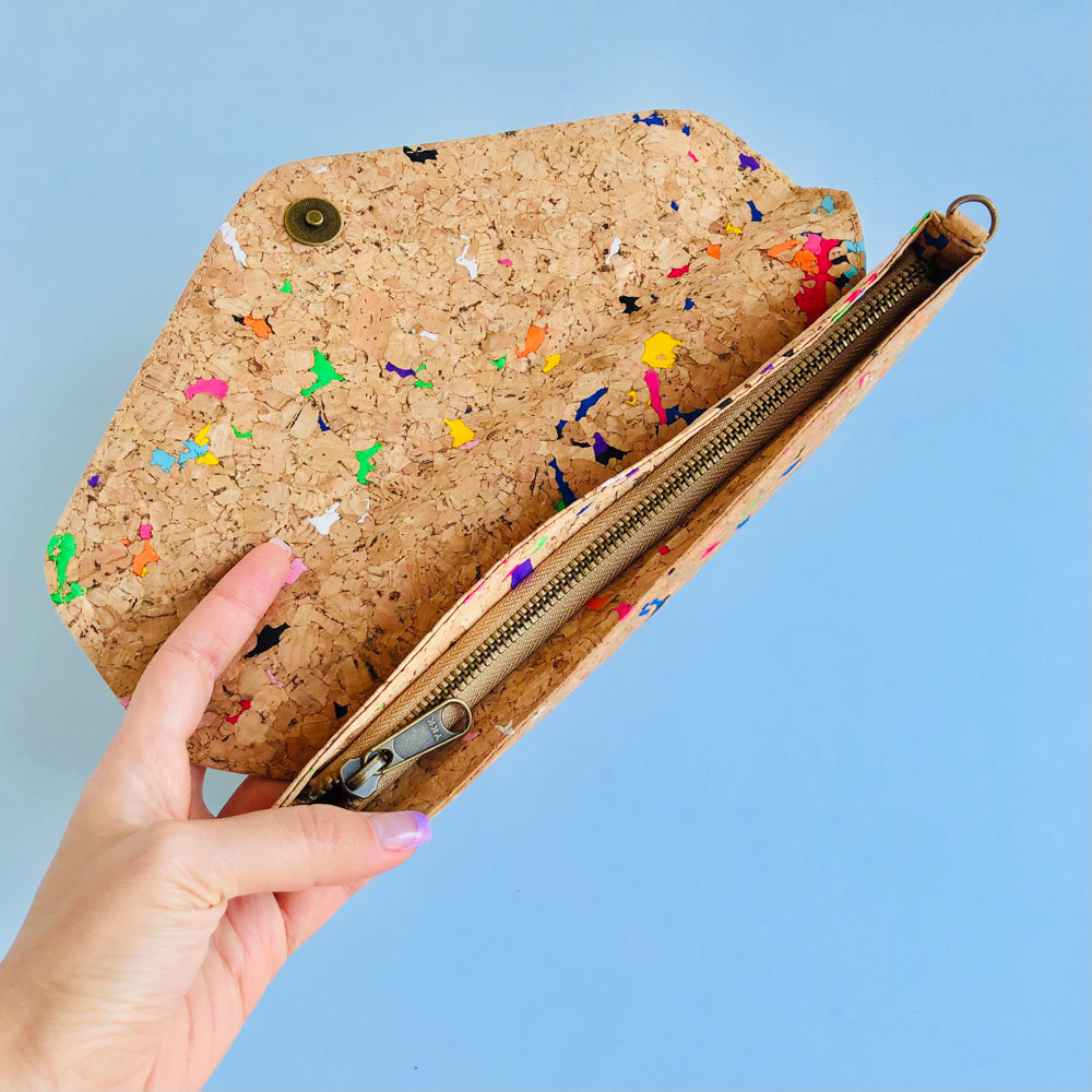 By The Sea Collection, opened zipper top view Aurora, colourful vegan cork leather shoulder bag, clutch bag