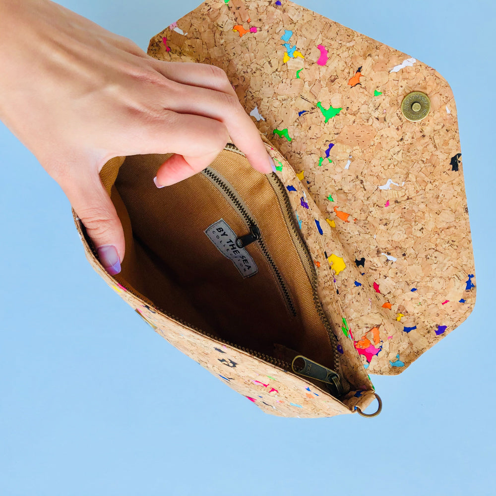 By The Sea Collection, opened zip of Aurora, colourful vegan cork leather shoulder bag, clutch bag