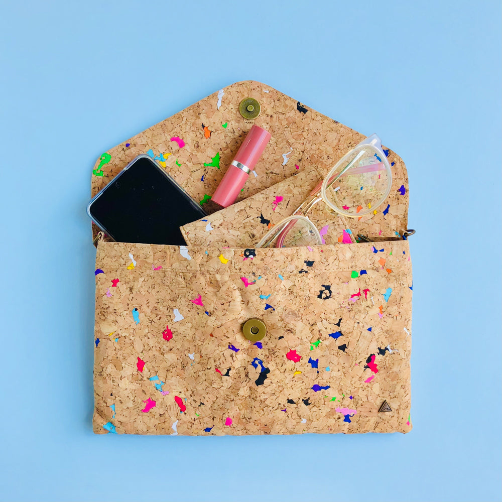 By The Sea Collection, phone lipstick wallet and glasses in Aurora, colourful vegan cork leather shoulder bag, clutch bag