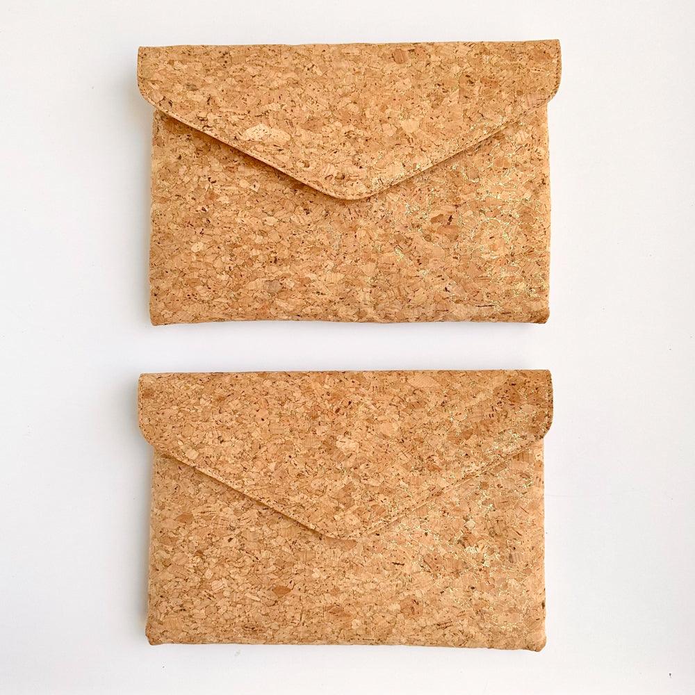 2 side by side image of By The Sea Collection, Aurora, gold vegan cork leather shoulder bag, clutch bag