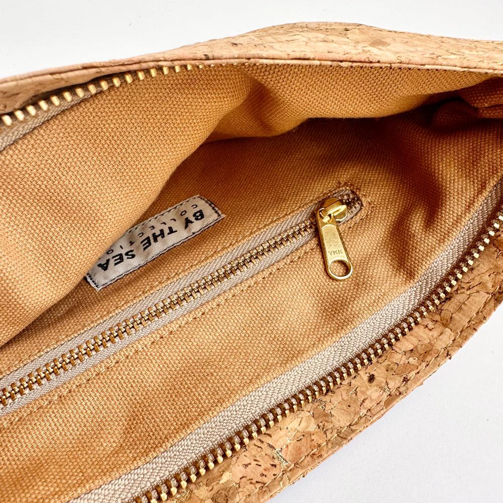 Interior lining of By The Sea Collection, Aurora, gold vegan cork leather shoulder bag, clutch bag