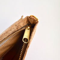 YKK zipper detail of By The Sea Collection, Aurora, gold vegan cork leather shoulder bag, clutch bag