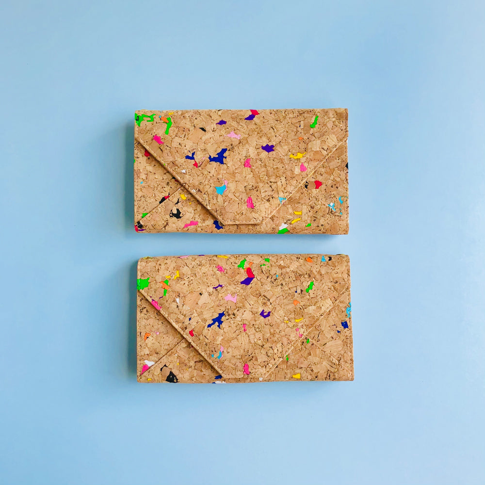 By The Sea Collection, two Flora in comparison, colourful vegan cork leather shoulder bag, clutch bag