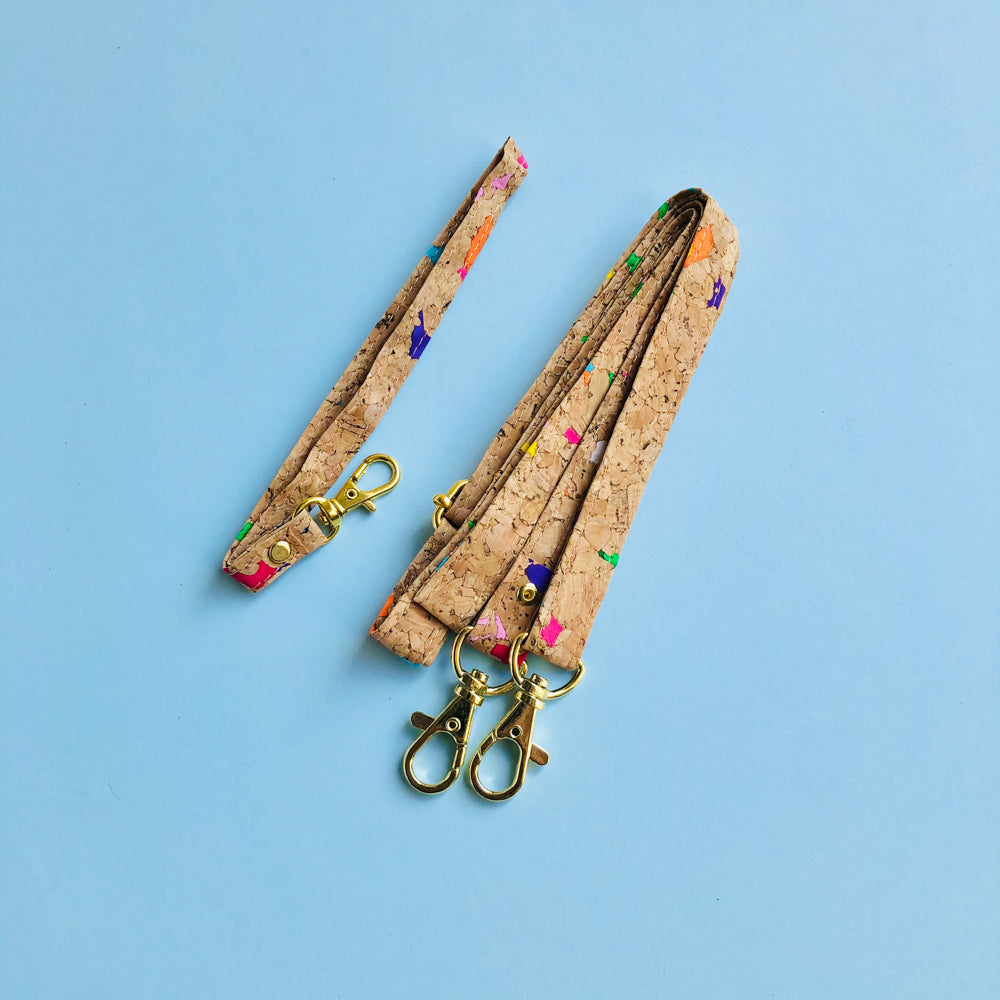 By The Sea Collection, hand strap (L) and shoulder strap (R) of Flora, colourful vegan cork leather shoulder bag, clutch bag