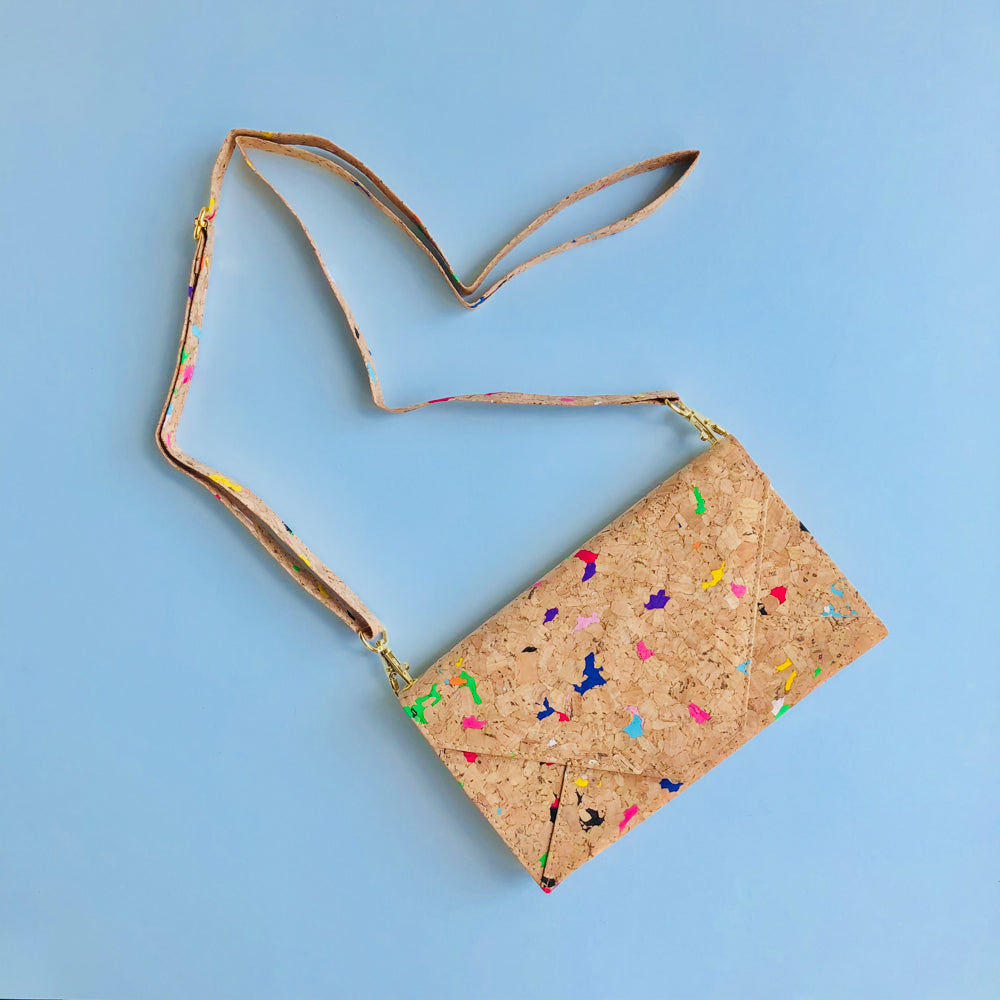 By The Sea Collection, Flora with adjustable shoulder strap, colourful vegan cork leather shoulder bag, clutch bag