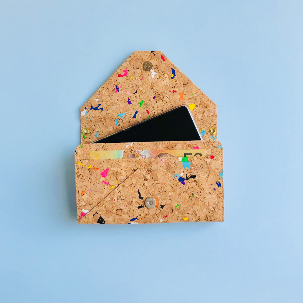 By The Sea Collection, phone and note fitted in opened Flora, colourful vegan cork leather shoulder bag, clutch bag