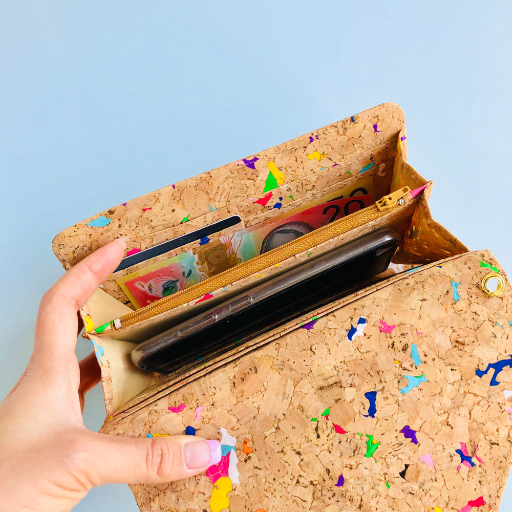 By The Sea Collection, phone notes and cards fitted inside Flora, colourful vegan cork leather shoulder bag, clutch bag