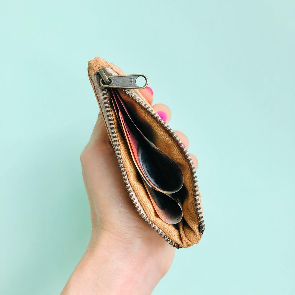 Australian money inside of By The Sea Collection, Gigi, vegan cork leather coin pouch