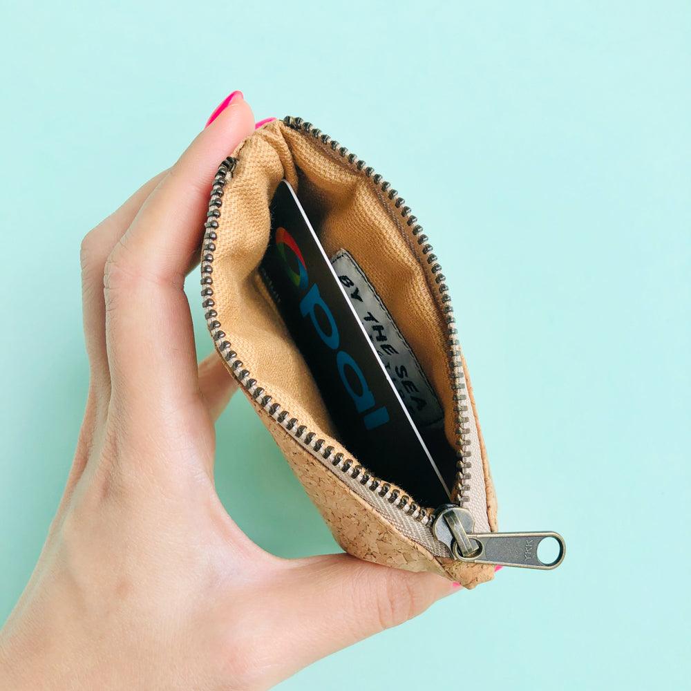 Opal card inside of By The Sea Collection, Gigi, vegan cork leather coin pouch