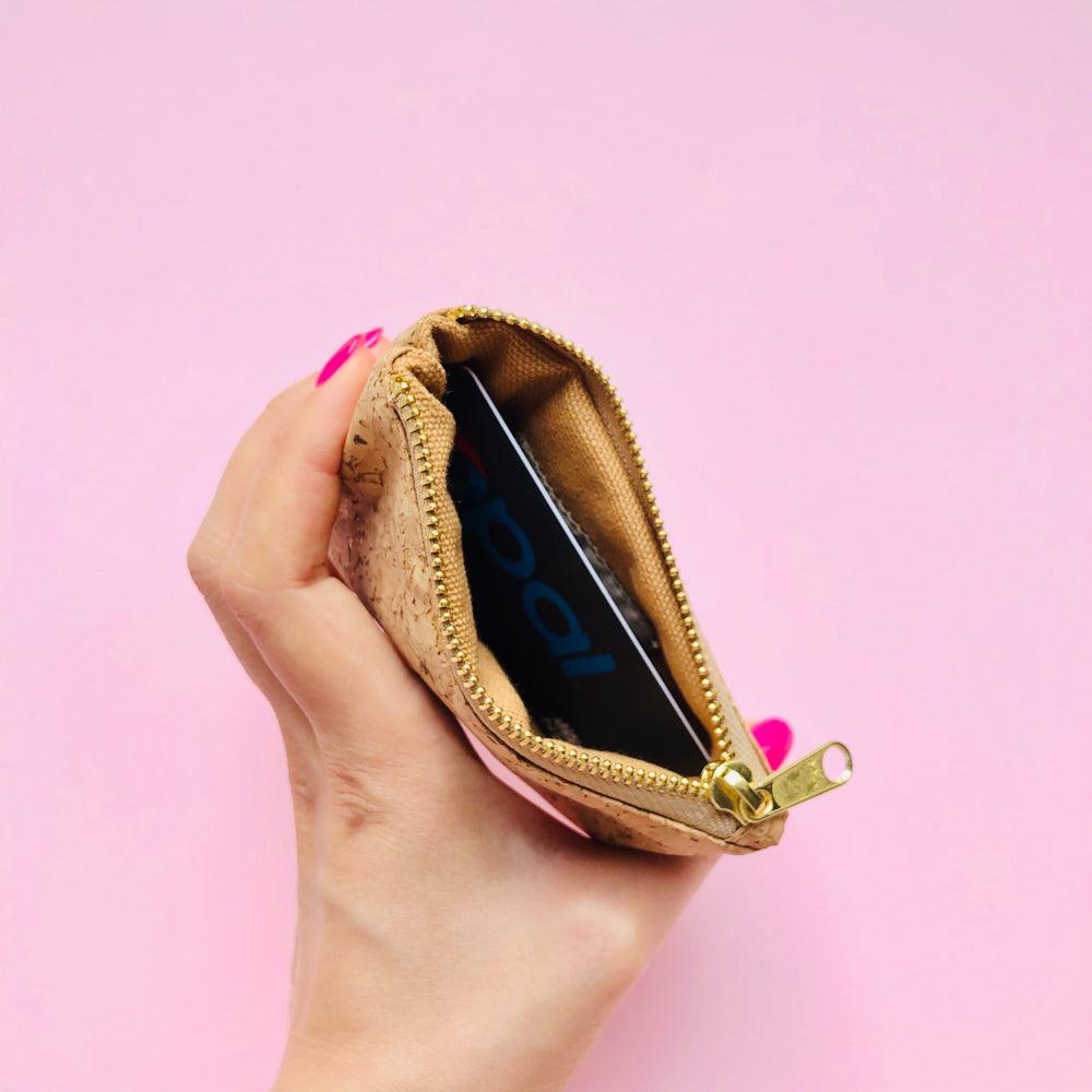 The inside of By The Sea Collection, Gigi, gold vegan cork leather coin pouch