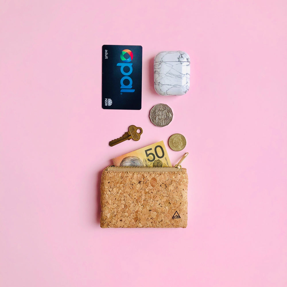 Daily essentials with By The Sea Collection, Gigi, gold vegan cork leather coin pouch
