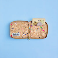 Interior with coins and key of By The Sea Collection, Ingy, colourful vegan cork leather wallet