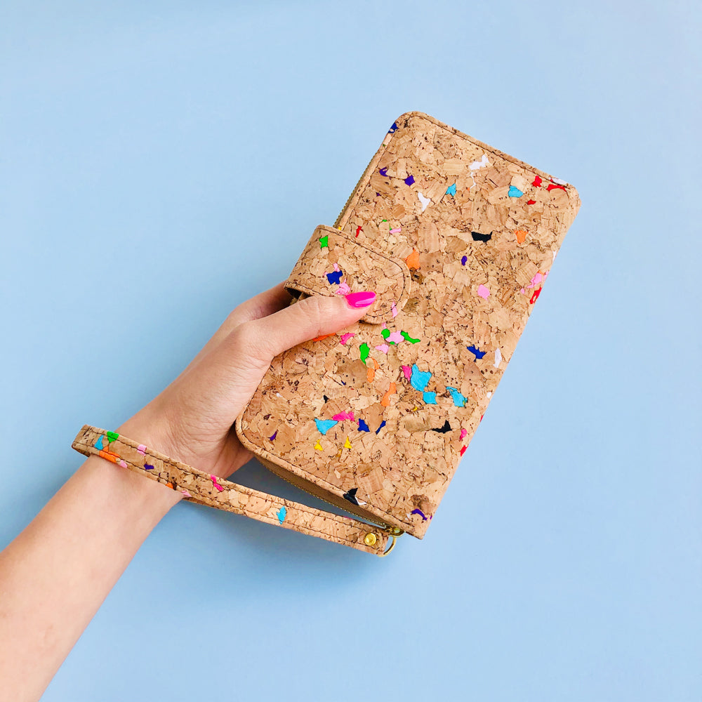 Women using wristlet of By The Sea Collection, Izzy, colourful vegan cork leather women's wallet