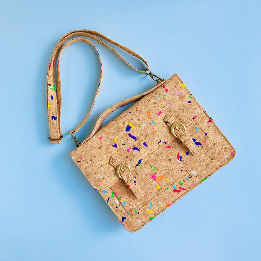 By The Sea Collection, Keira with adjustable shoulder strap on, colourful vegan cork leather satchel shoulder bag