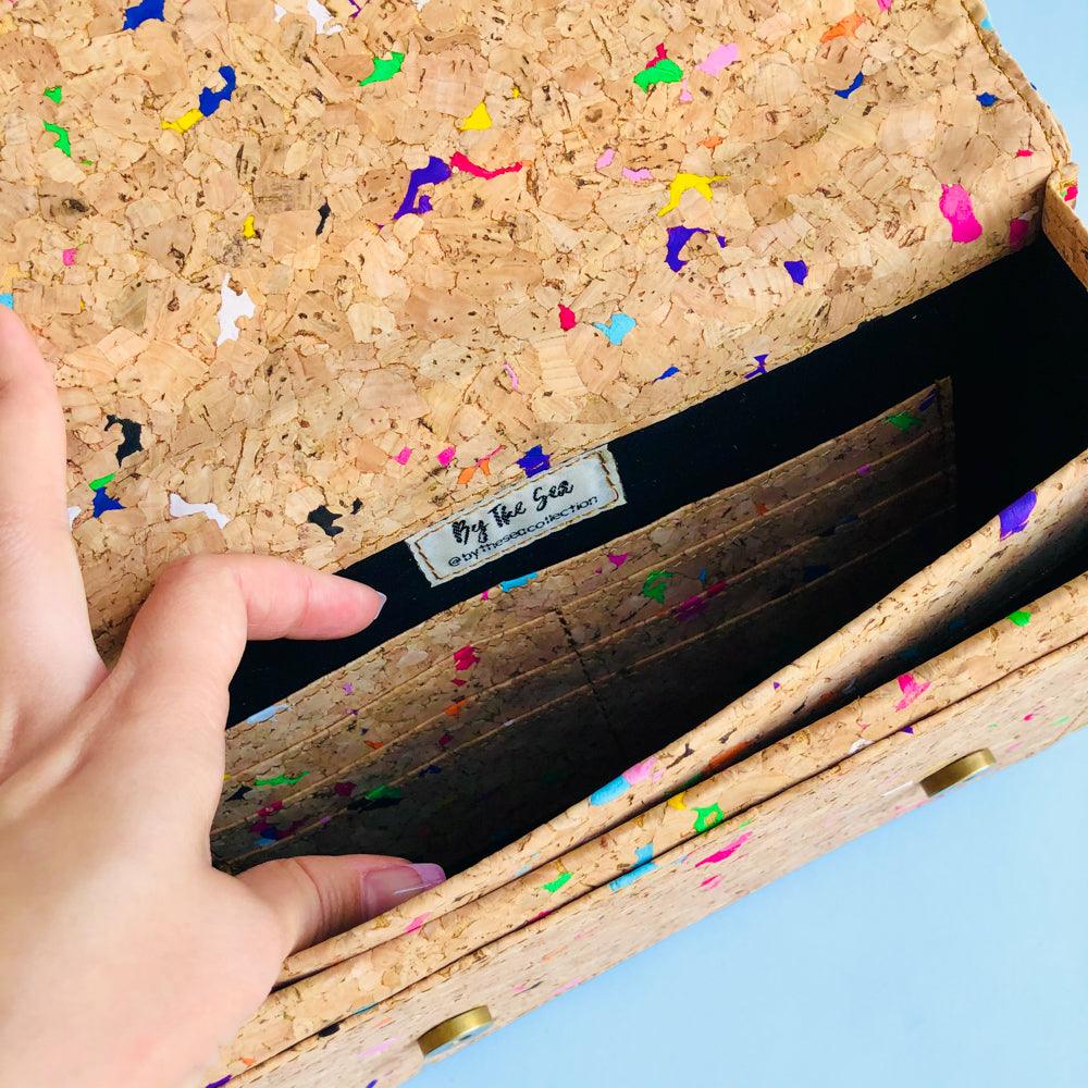 By The Sea Collection, interior pockets of Keira, colourful vegan cork leather satchel shoulder bag