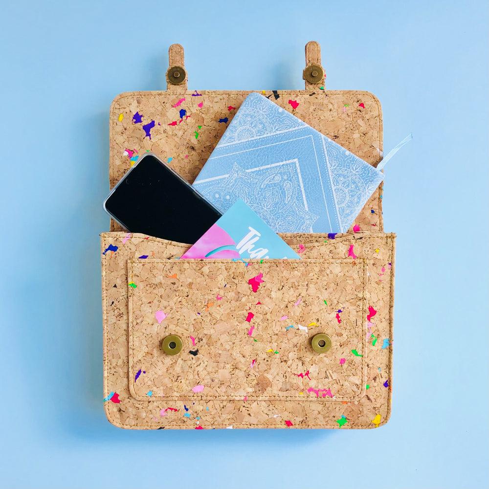 By The Sea Collection, Keira with phone and book inside, colourful vegan cork leather satchel shoulder bag