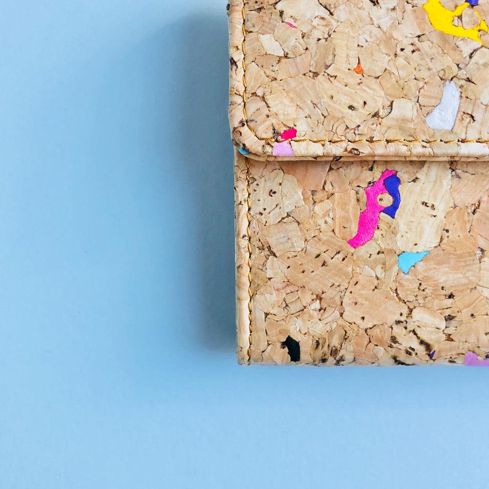 Front stitching detail of By The Sea Collection, Laura, colourful vegan cork leather wallet