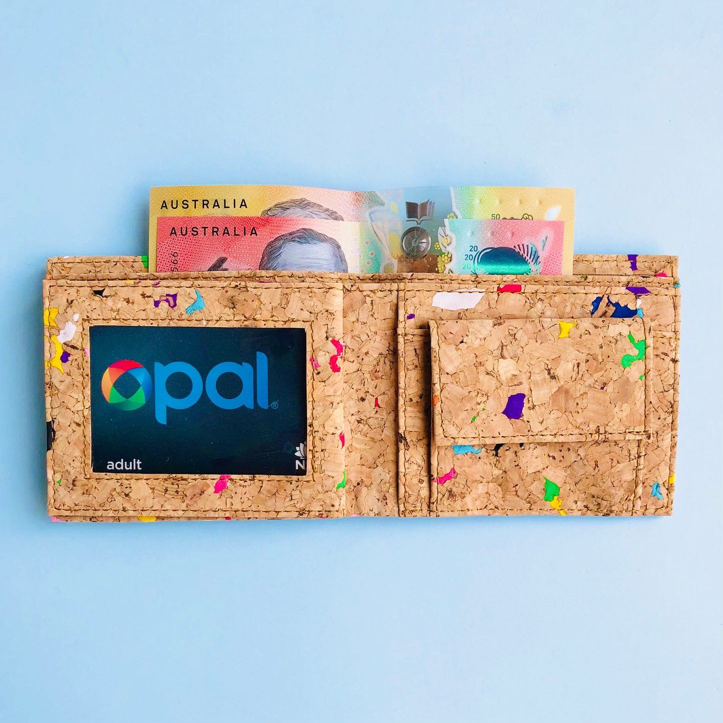 Interior B with notes and card of By The Sea Collection, Gilly, colourful vegan cork leather compact wallet