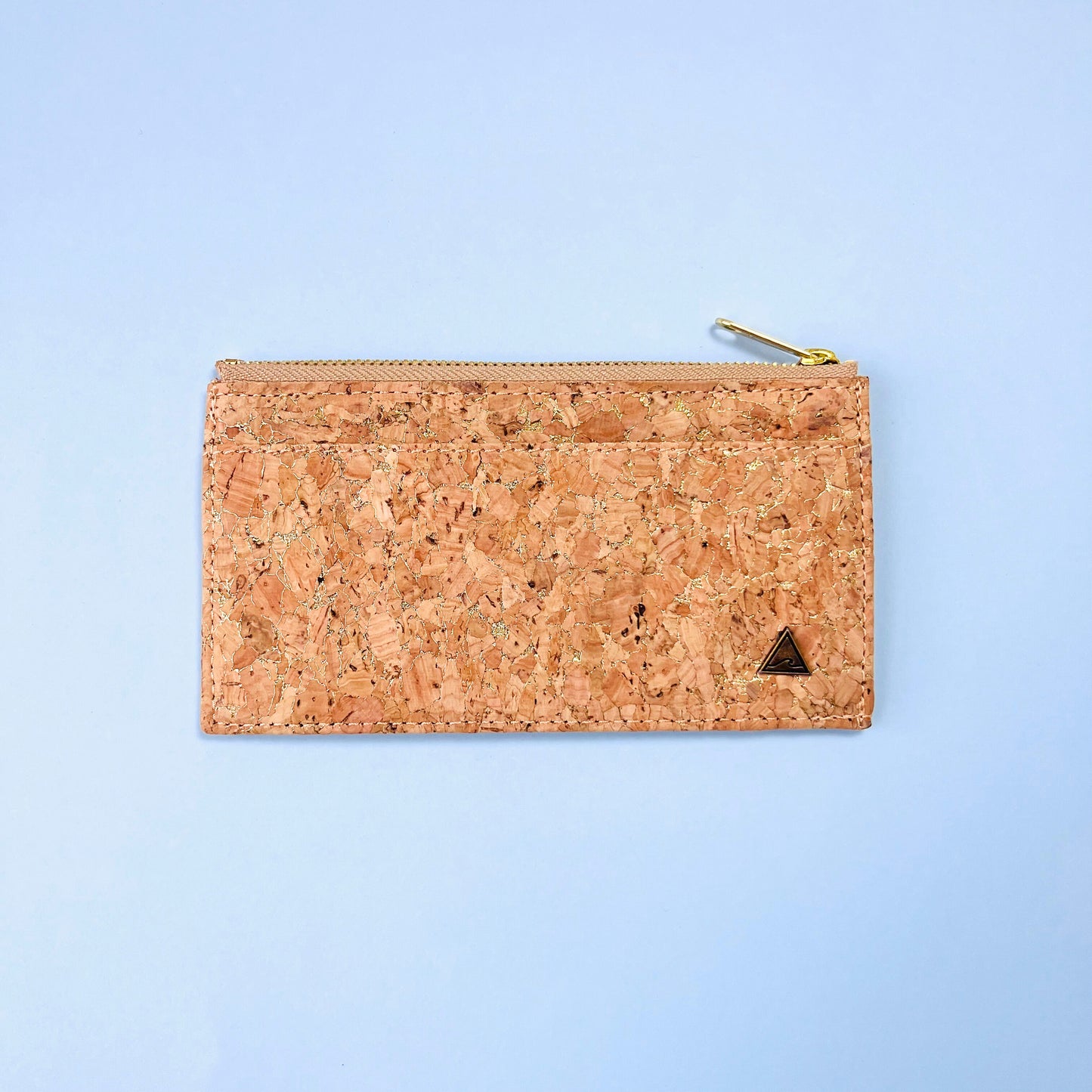 The front of By The Sea Collection, Bernie, vegan cork leather card holder in gold with a long side flat pocket