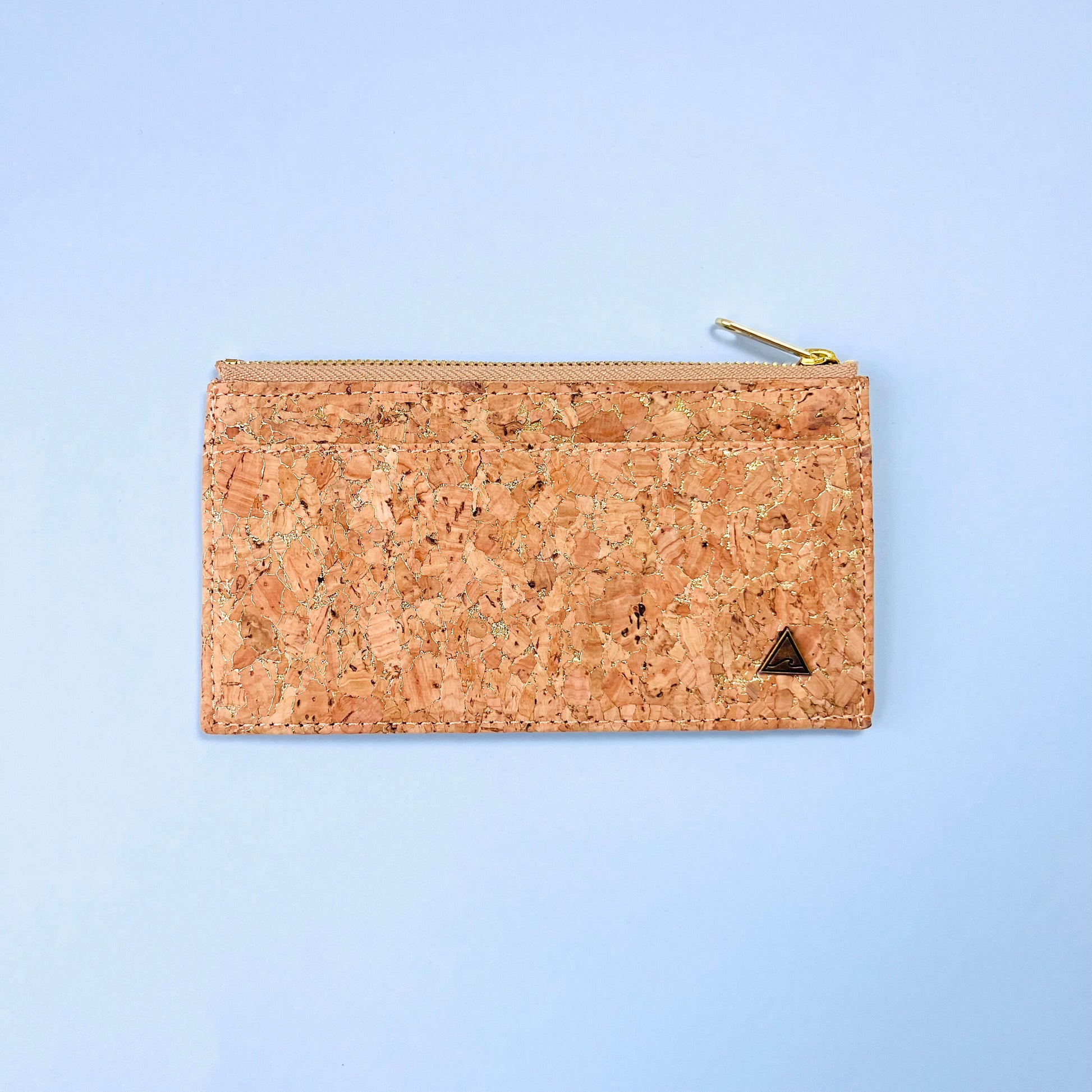 The front of By The Sea Collection, Bernie, vegan cork leather card holder in gold with a long side flat pocket