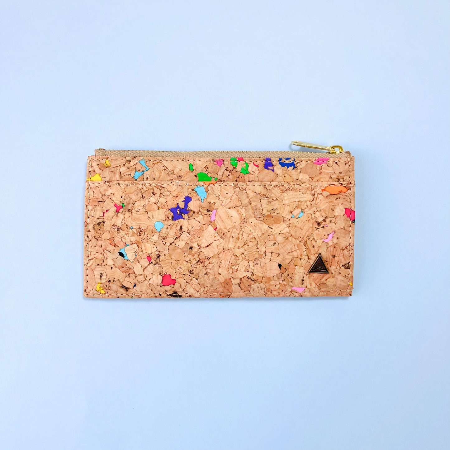 The front of By The Sea Collection, Bernie, colourful vegan cork leather card holder with a long side flat pocket