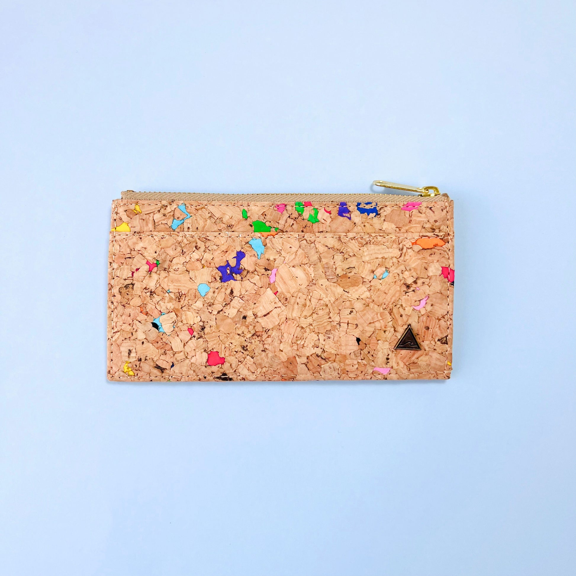 The front of By The Sea Collection, Bernie, colourful vegan cork leather card holder with a long side flat pocket