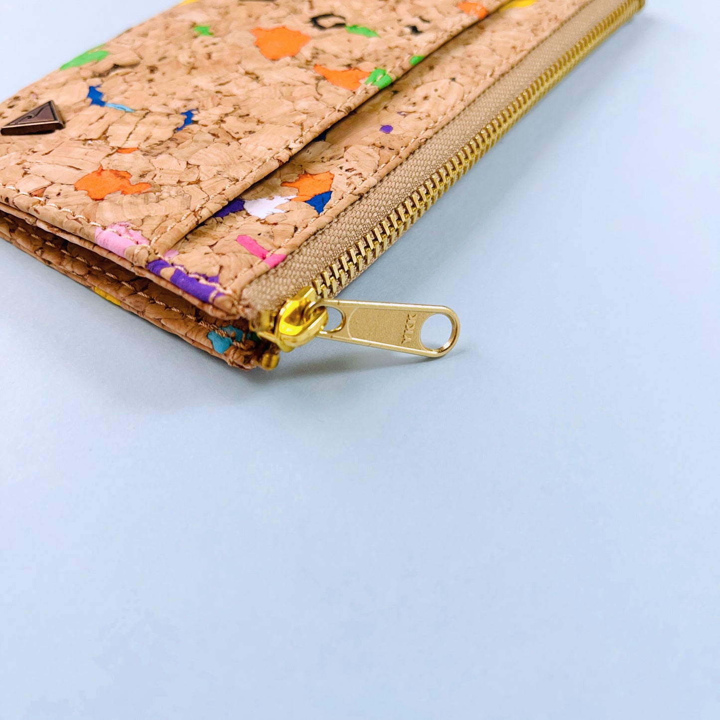 By The Sea Collection, zip close up of Bernie, colourful vegan cork leather card holder