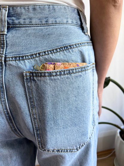 By The Sea Collection, Bernie, colourful vegan cork leather card holder inside a jeans pocket