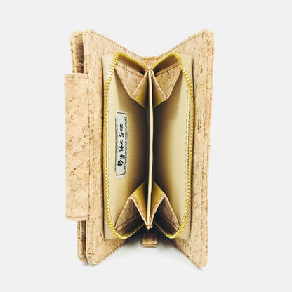 Up view of interior of zipped coin compartment of By The Sea Collection, Fiora, classic vegan cork leather wallet