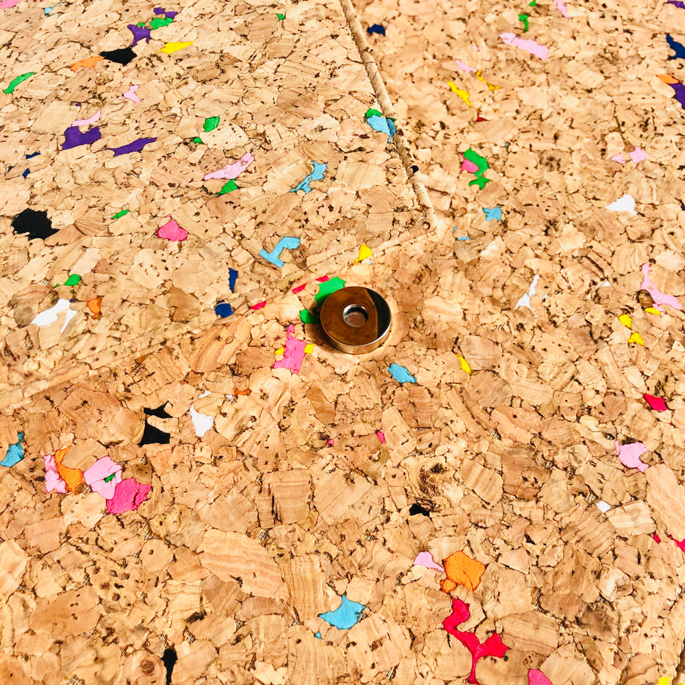 Magnet closure detail of By The Sea Collection, Alice, colourful vegan cork leather document case