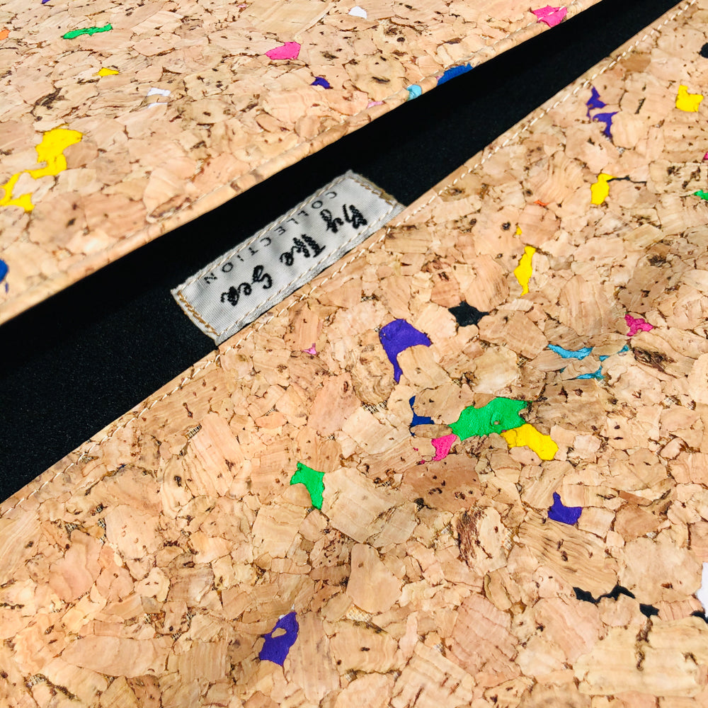 The inside of By The Sea Collection, Alice, colourful vegan cork leather document case