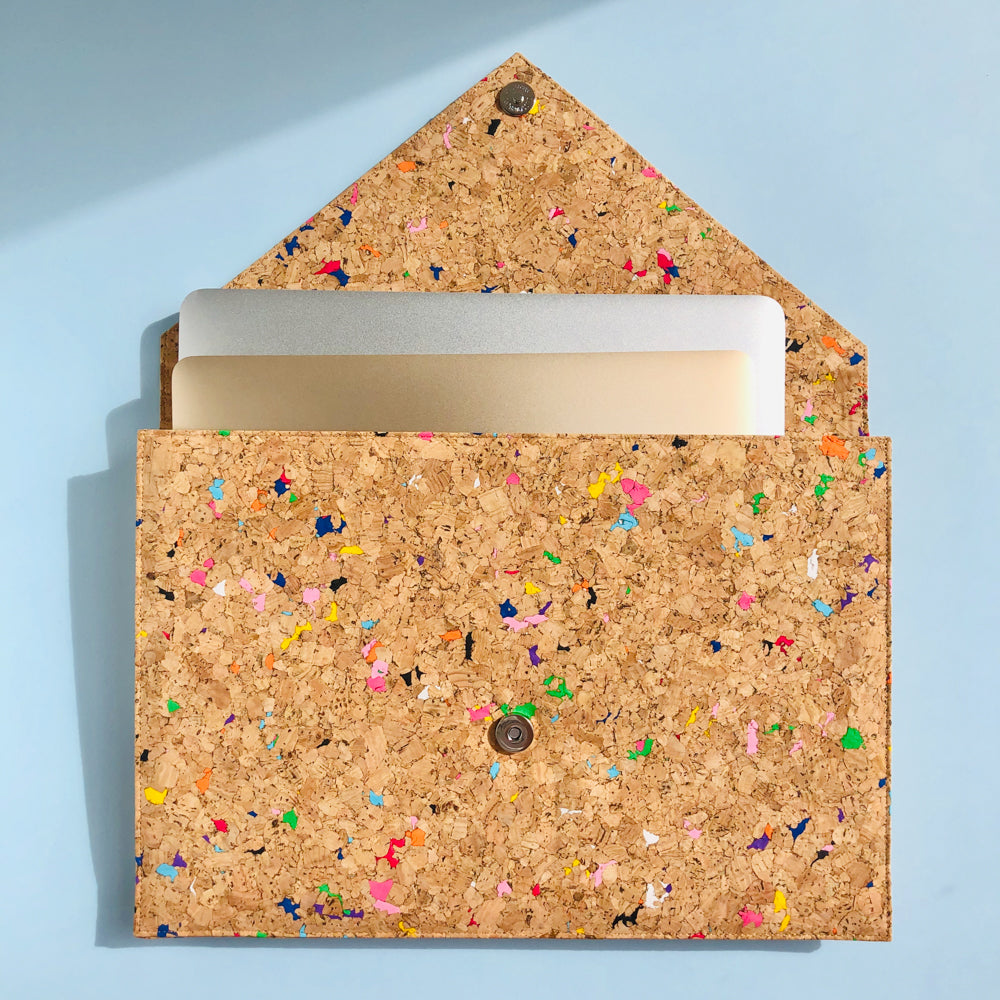 Two Apple Macbooks inside of By The Sea Collection, Alice, colourful vegan cork leather document case