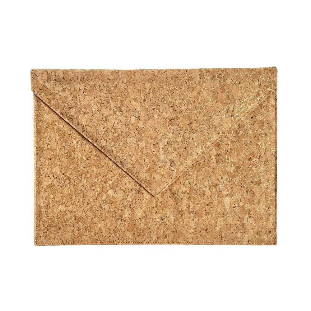 The front image of By The Sea Collection, Alice, gold vegan cork leather laptop document case