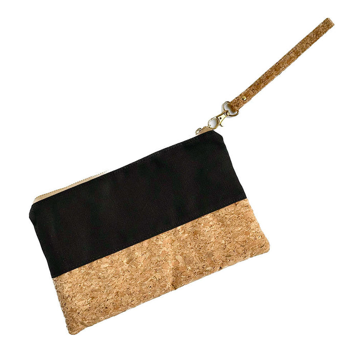Detachable wrist strap of By The Sea Collection, Annie, black canvas vegan cork leather pouch