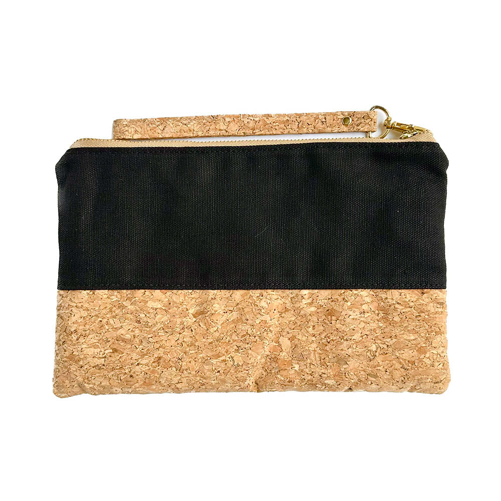The front image with wrist strap By The Sea Collection, Annie, black canvas vegan cork leather pouch
