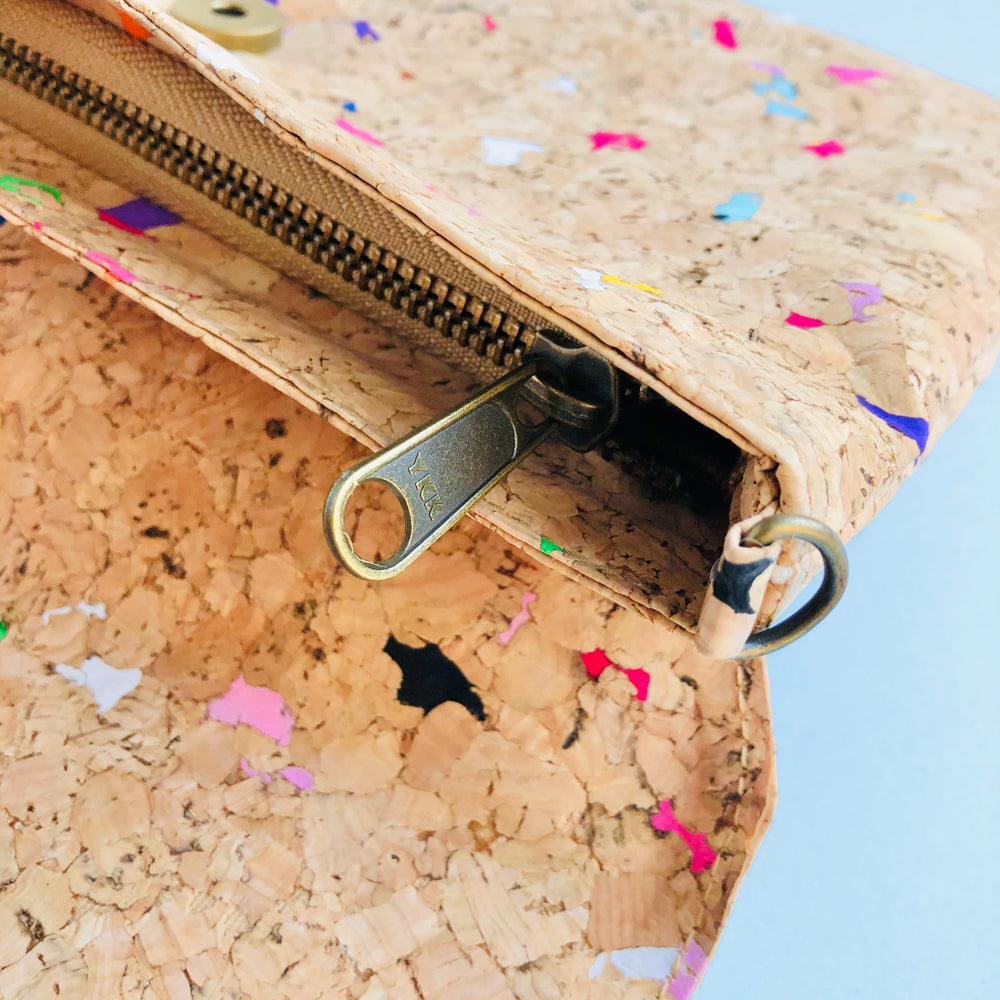 By The Sea Collection, zip and strap hook close up of Aurora, colourful vegan cork leather shoulder bag, clutch bag