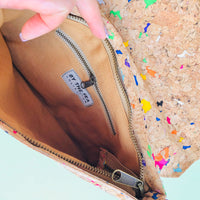 By The Sea Collection, detail of interior pocket of Aurora, colourful vegan cork leather shoulder bag, clutch bag