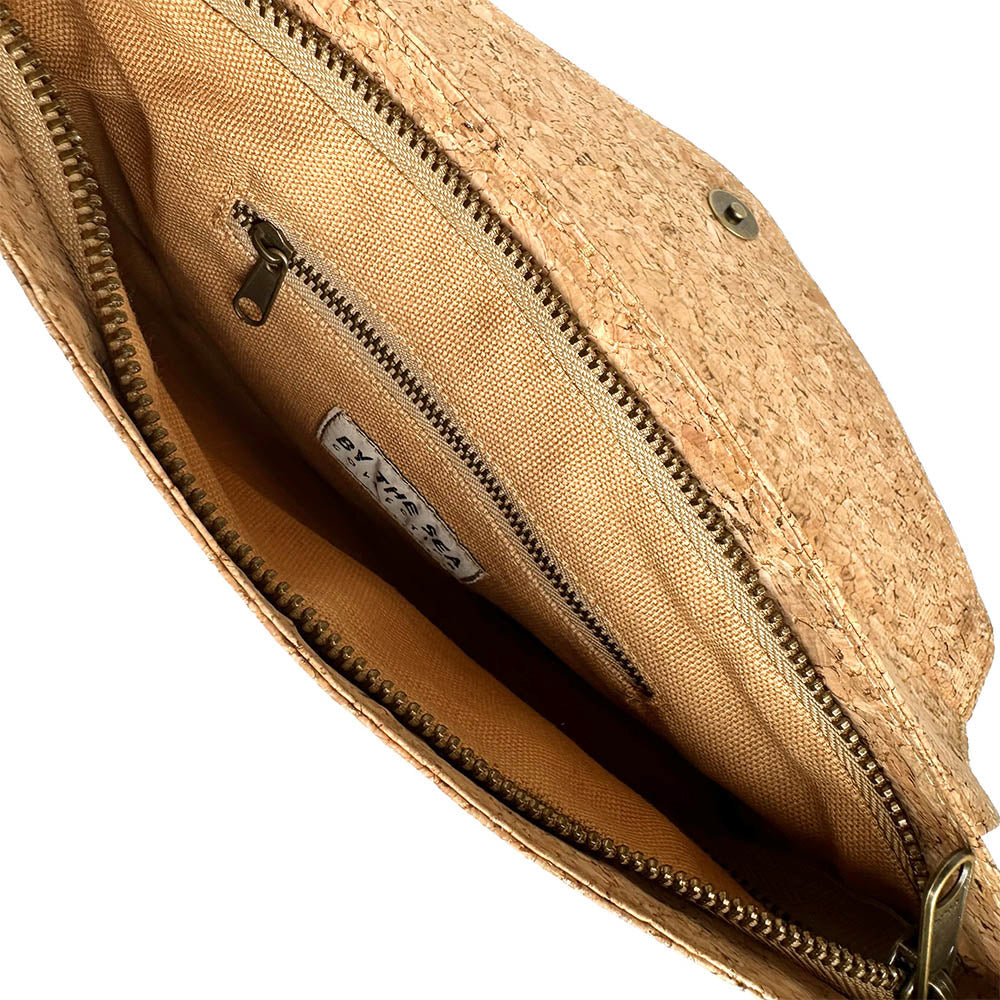 Interior lining of By The Sea Collection, Aurora, classic vegan cork leather shoulder bag, clutch bag