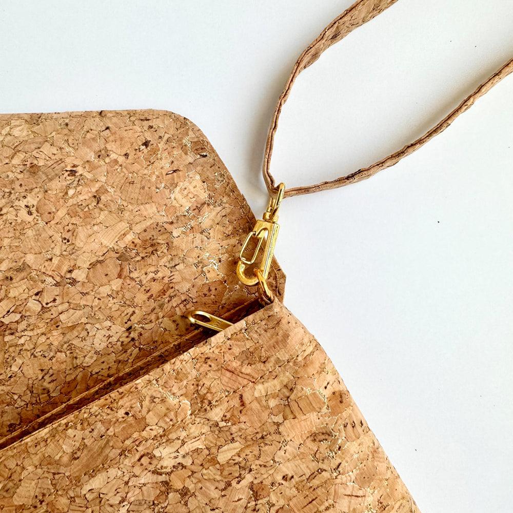 By The Sea Collection, hand strap detail hook of Aurora, gold vegan cork leather shoulder bag, clutch bag
