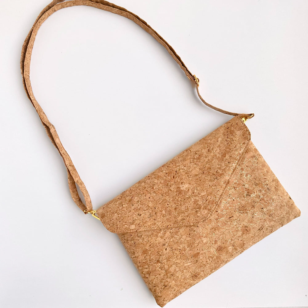 With detachable shoulder strap of By The Sea Collection, Aurora, gold vegan cork leather shoulder bag, clutch bag