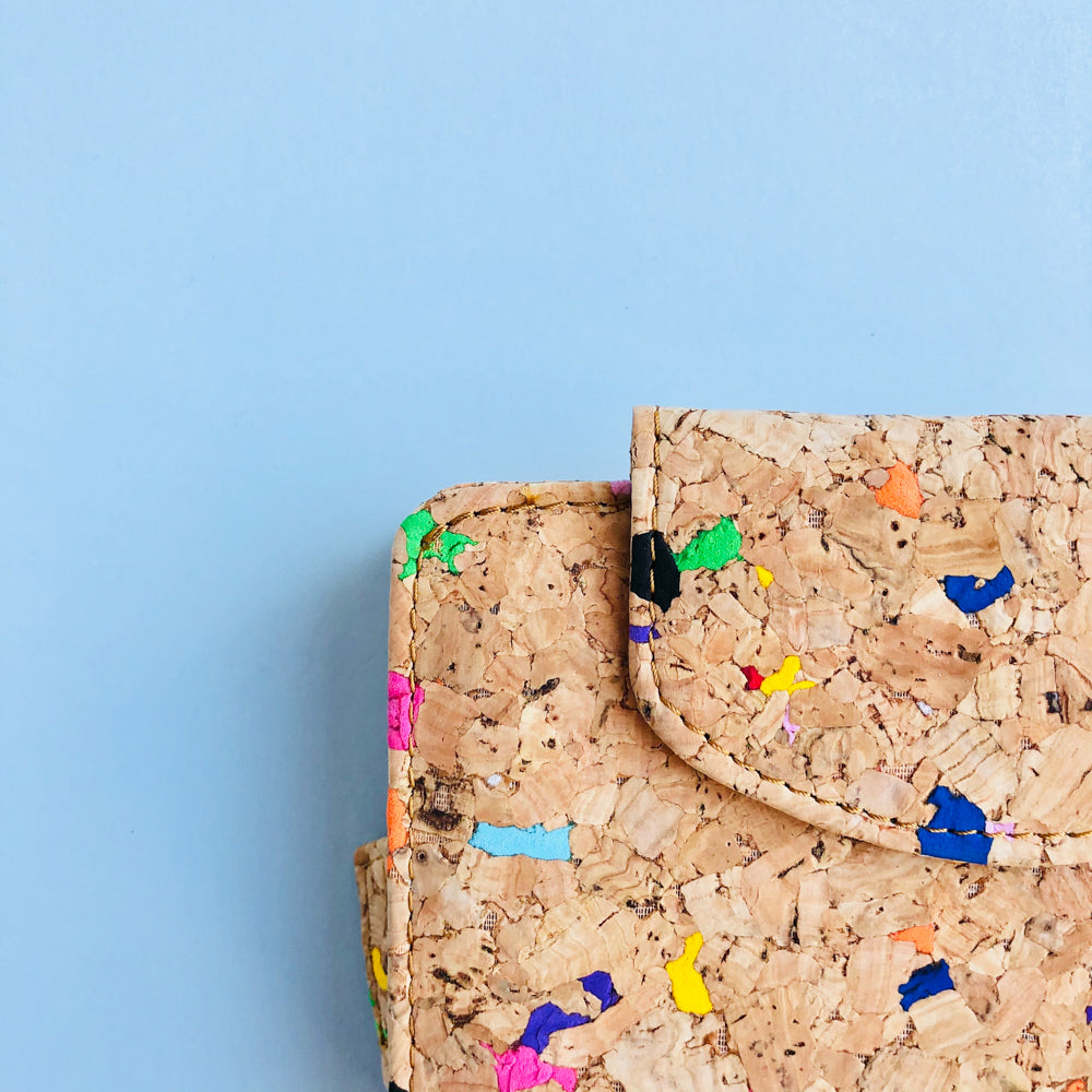 Stitching detail of By The Sea Collection, Fiora, colourful vegan cork leather wallet