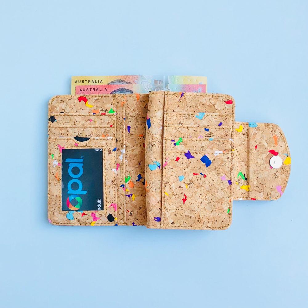 Interior A with card and notes of By The Sea Collection, Fiora, colourful vegan cork leather wallet