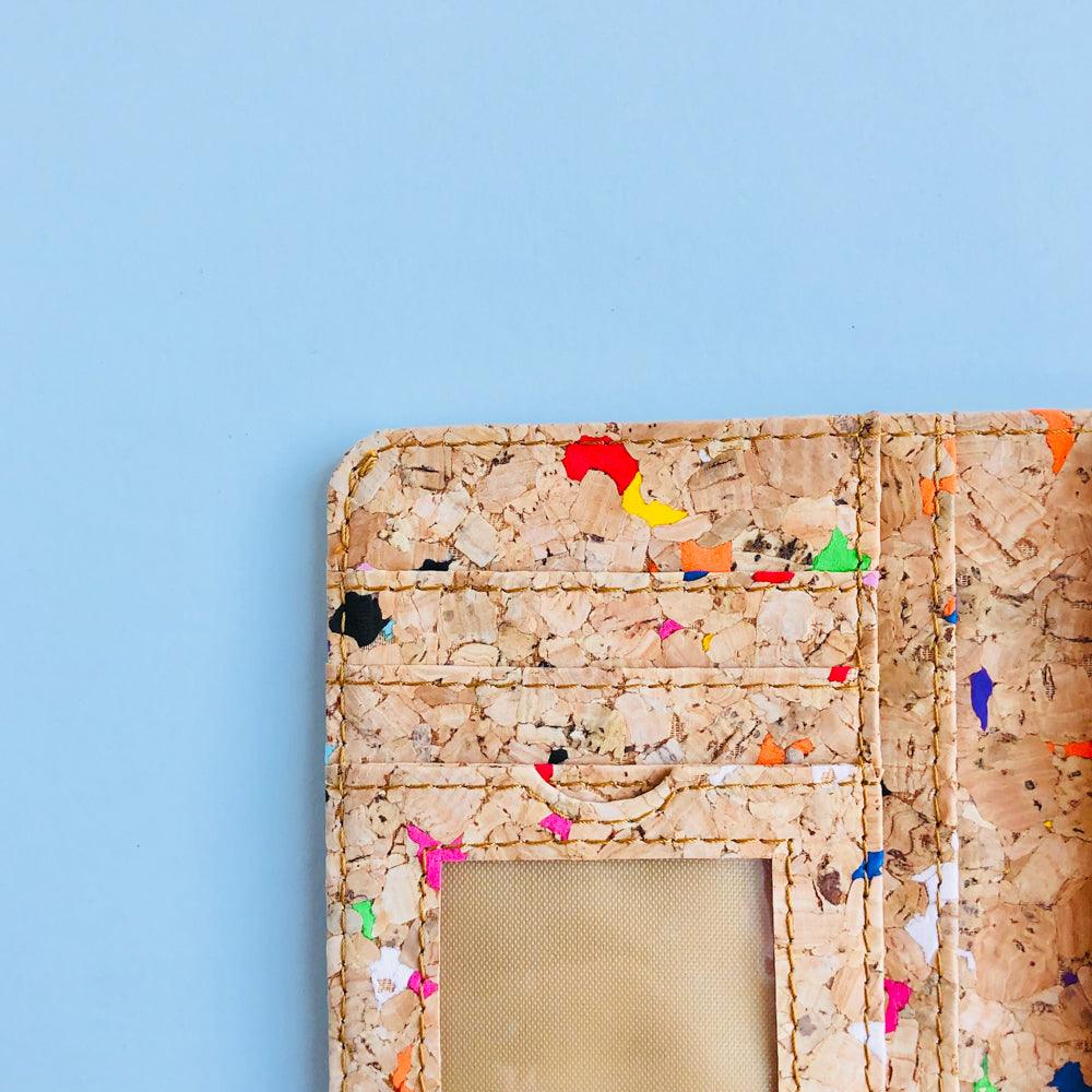 Cards slot detail of By The Sea Collection, Fiora, colourful vegan cork leather wallet