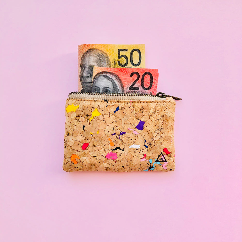 Australian money inside of By The Sea Collection, Gigi, Colourful Vegan Cork Leather Coin Pouch